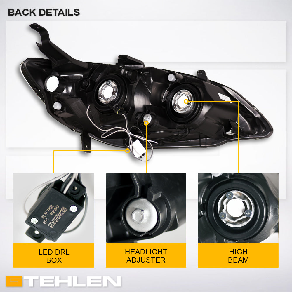 04-05 Honda Civic Crystal Headlights w/ LED Light Bar - Black