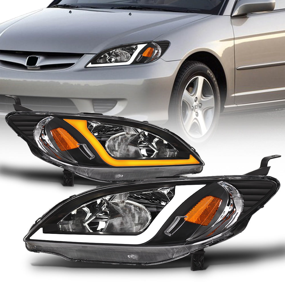 04-05 Honda Civic Crystal Headlights Sequential LED Bar - Black