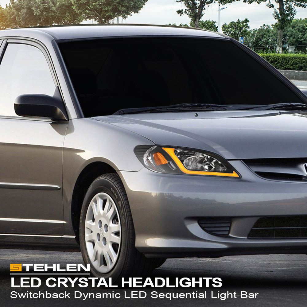 04-05 Honda Civic Crystal Headlights Sequential LED Bar - Black