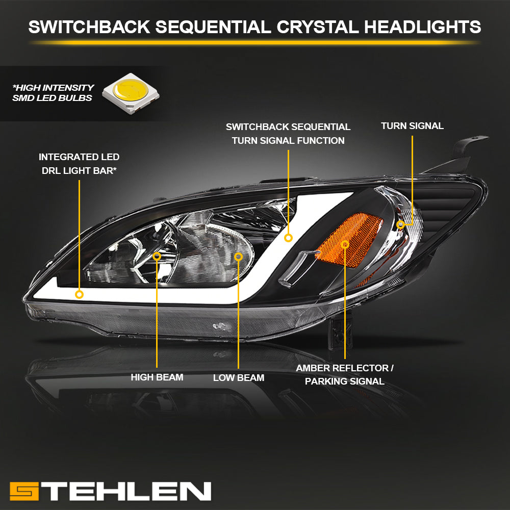 04-05 Honda Civic Crystal Headlights Sequential LED Bar - Black