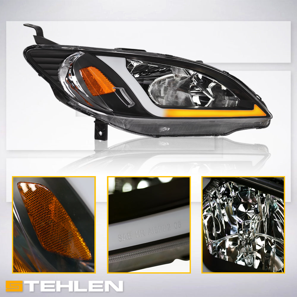 04-05 Honda Civic Crystal Headlights Sequential LED Bar - Black