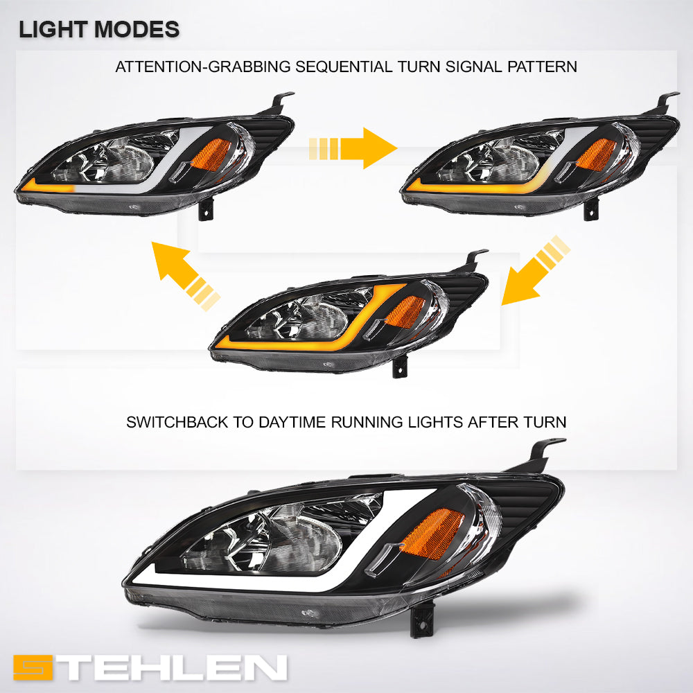 04-05 Honda Civic Crystal Headlights Sequential LED Bar - Black