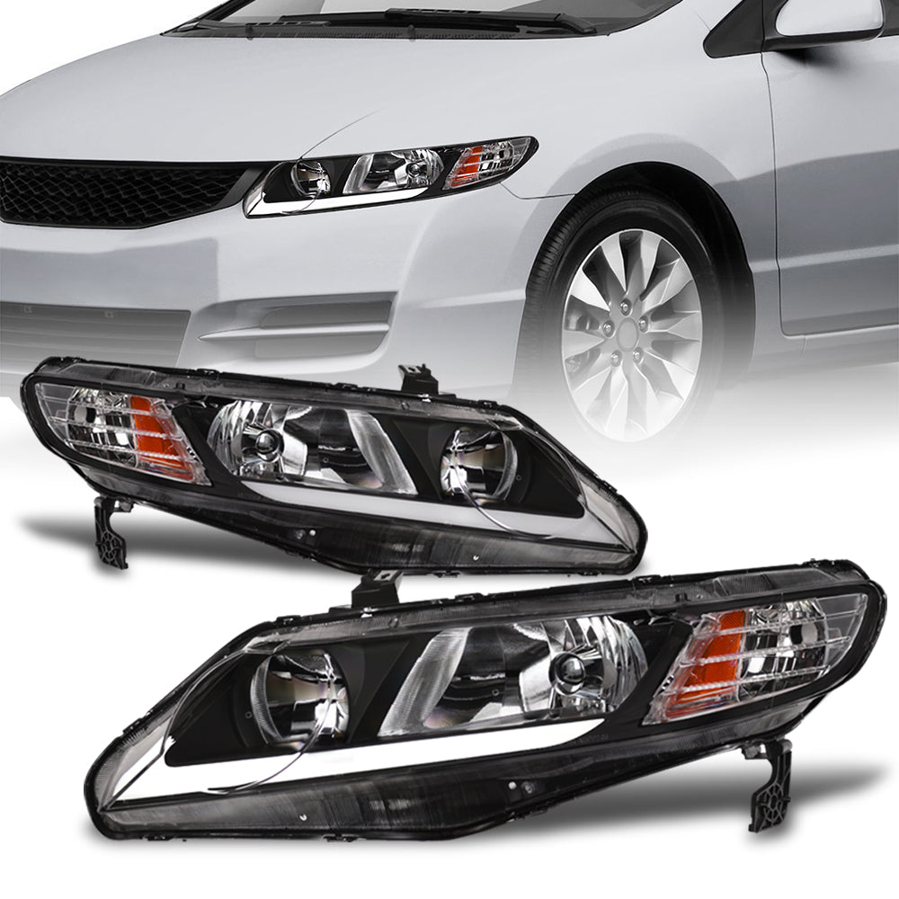 06-11 Honda Civic 4DR Crystal Headlights LED Light Bar Black - JDMA