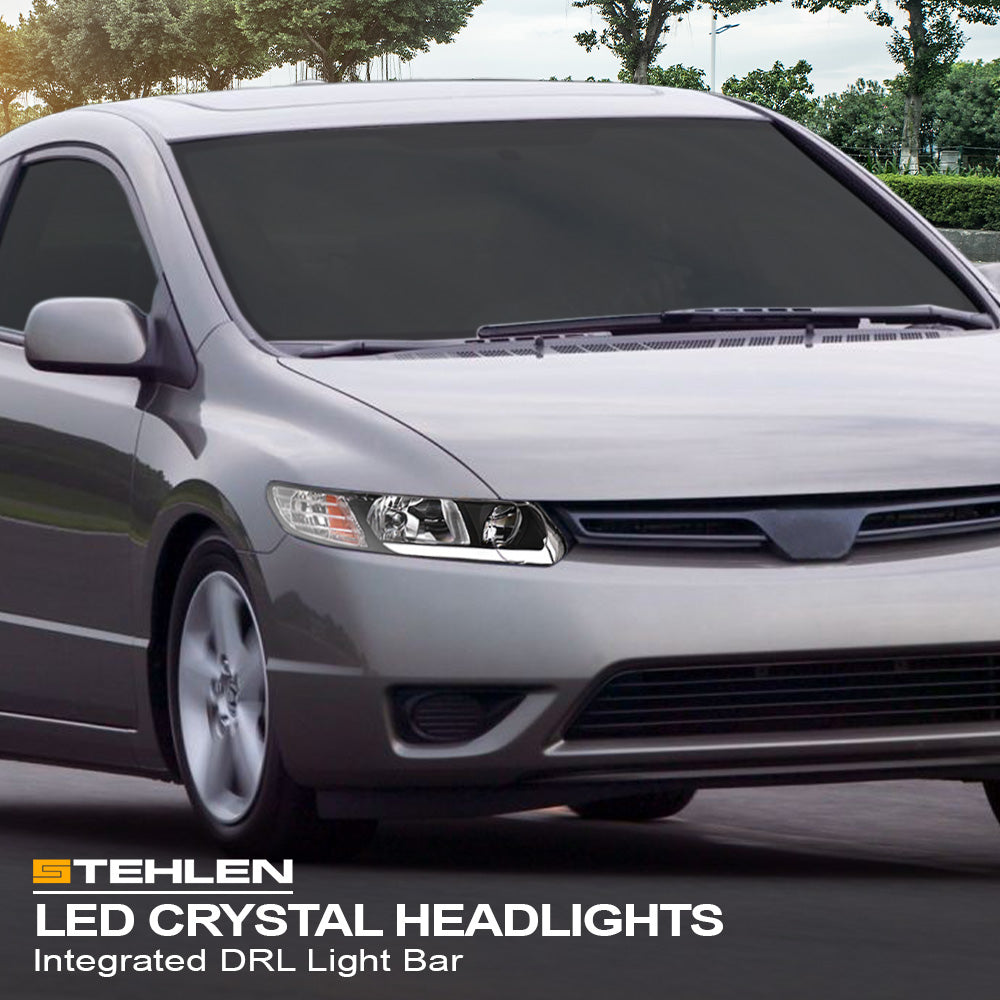 06-11 Honda Civic 4DR Crystal Headlights LED Light Bar Black - JDMA