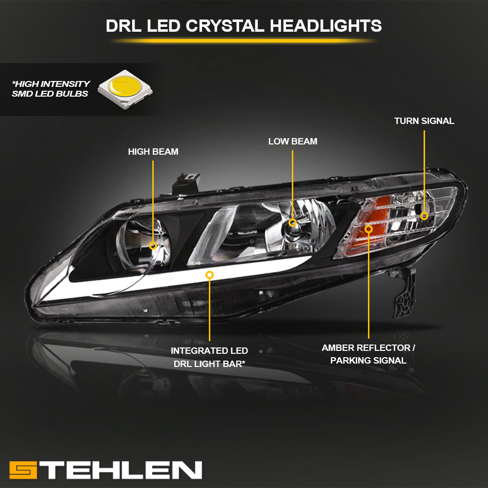 06-11 Honda Civic 4DR Crystal Headlights LED Light Bar Black - JDMA