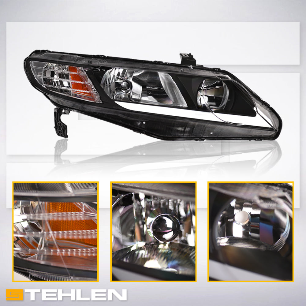 06-11 Honda Civic 4DR Crystal Headlights LED Light Bar Black - JDMA