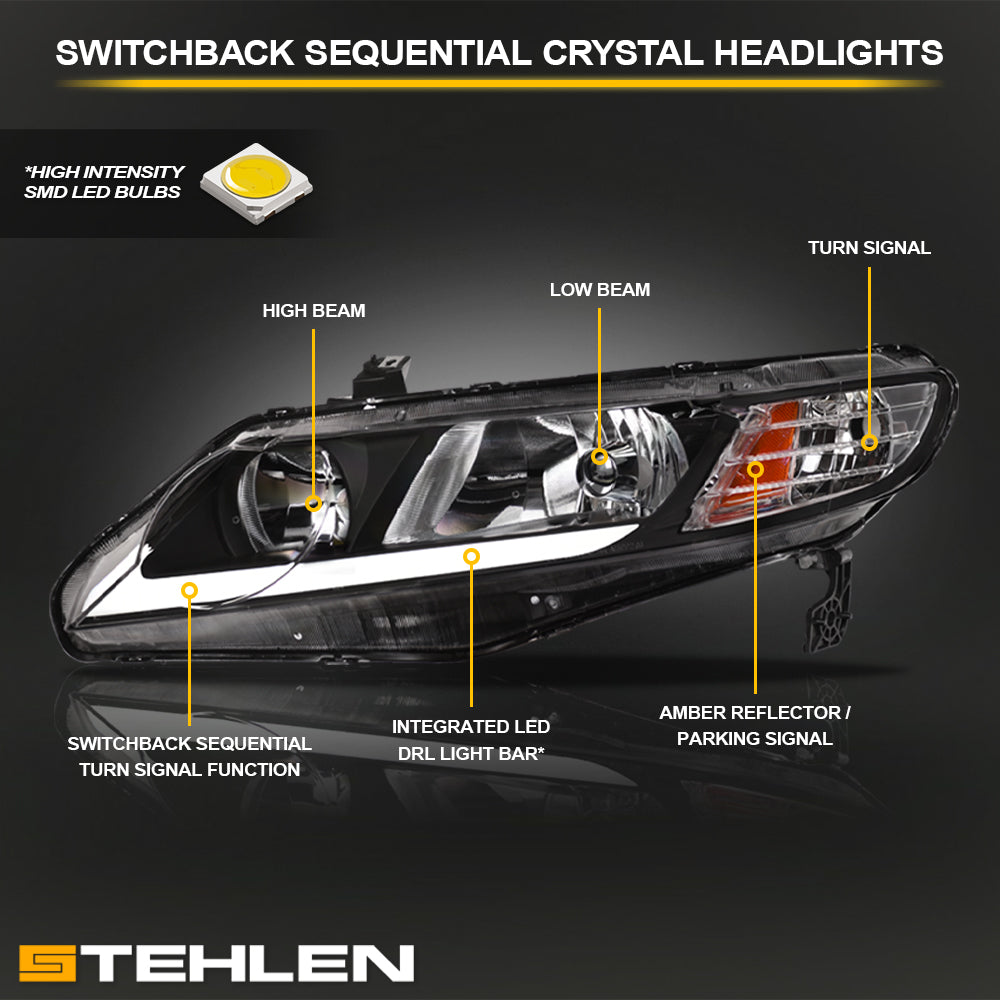 06-11 Honda Civic 4DR Sequential LED Crystal Headlights - Black