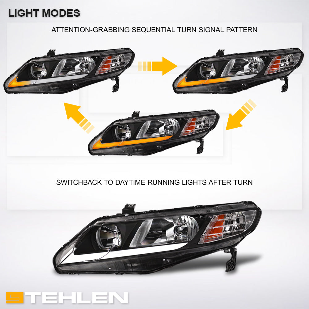 06-11 Honda Civic 4DR Sequential LED Crystal Headlights - Black