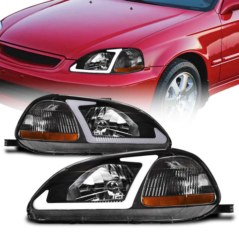 96-98 Honda Civic Crystal Headlights w/ LED Light Bar - Black