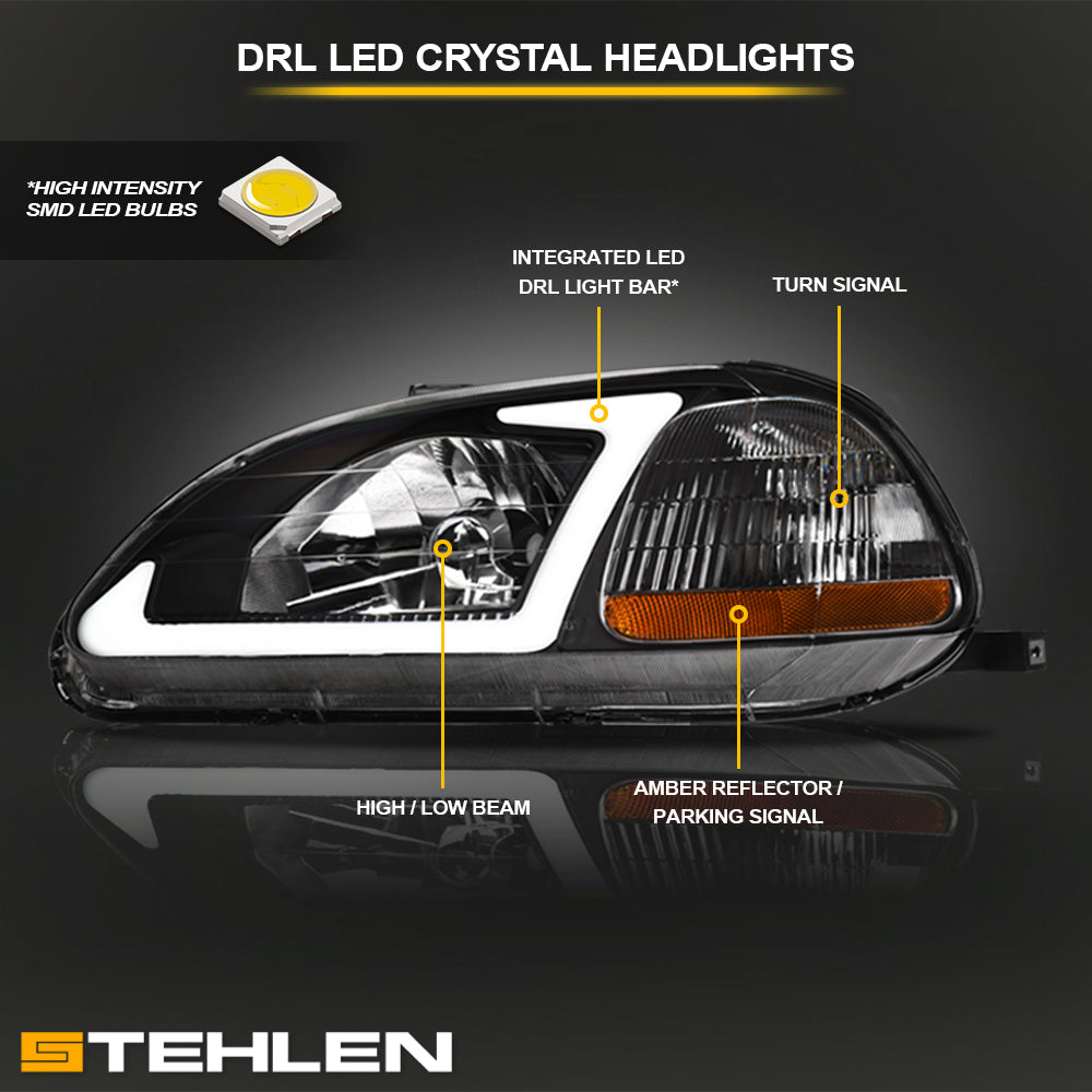 96-98 Honda Civic Crystal Headlights w/ LED Light Bar - Black