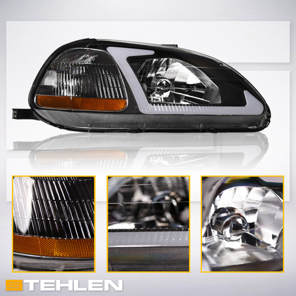 96-98 Honda Civic Crystal Headlights w/ LED Light Bar - Black
