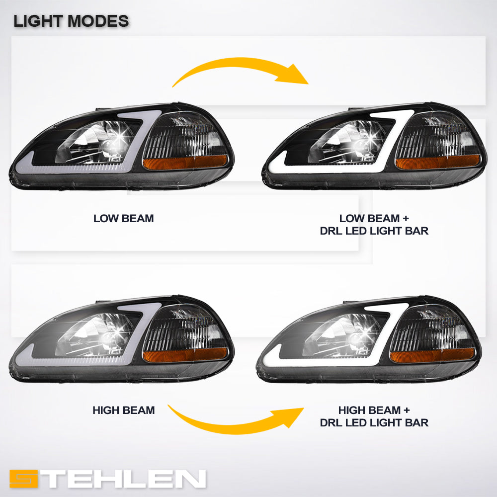 96-98 Honda Civic Crystal Headlights w/ LED Light Bar - Black