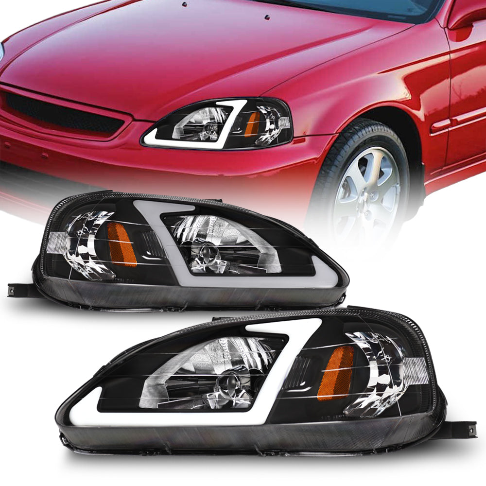 99-00 Honda Civic Crystal Headlights w/ LED Light Bar - Black