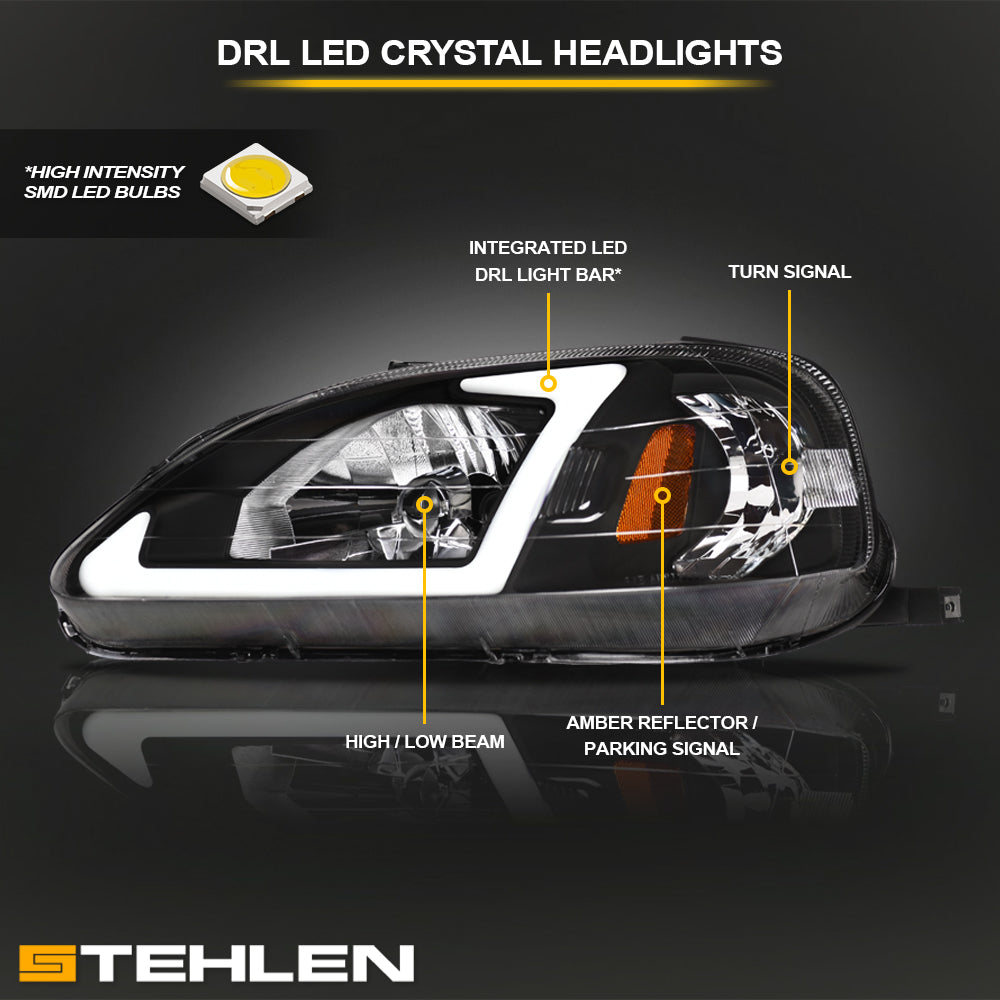 99-00 Honda Civic Crystal Headlights w/ LED Light Bar - Black