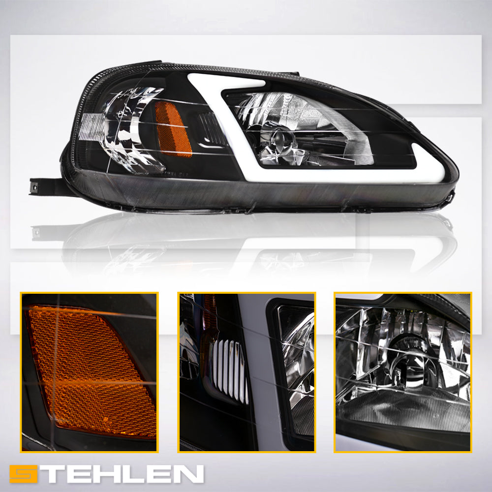 99-00 Honda Civic Crystal Headlights w/ LED Light Bar - Black