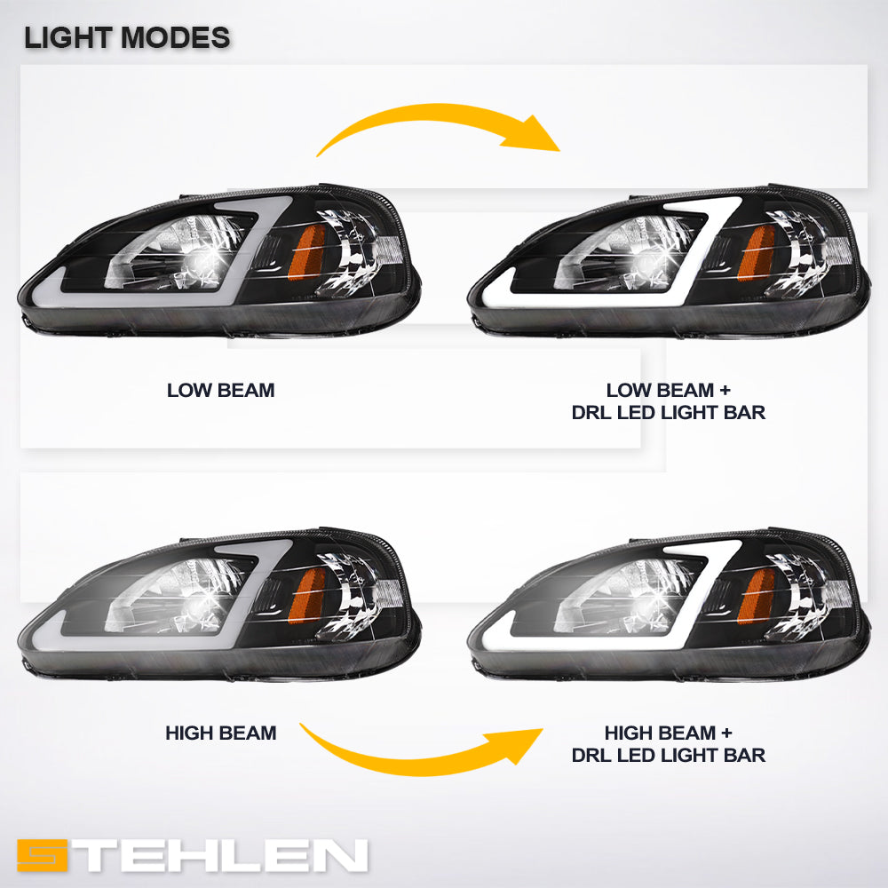 99-00 Honda Civic Crystal Headlights w/ LED Light Bar - Black