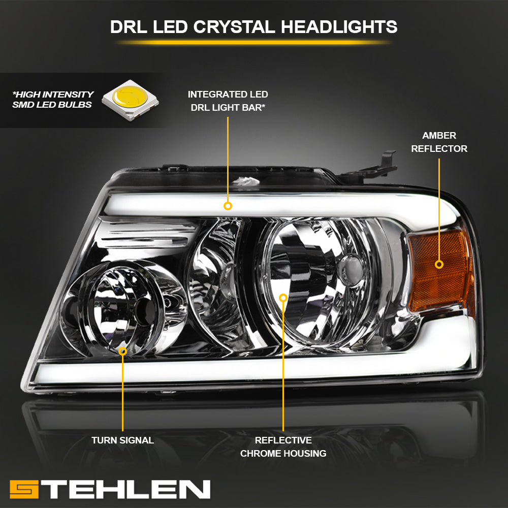 04-08 Ford F-150 Crystal LED Headlights w/ Amber Light Bar - Chrome