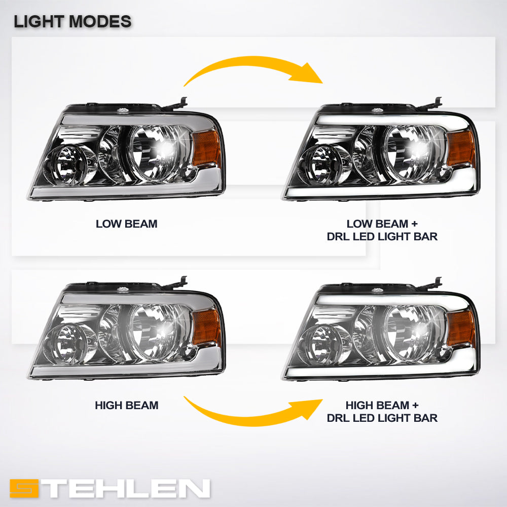 04-08 Ford F-150 Crystal LED Headlights w/ Amber Light Bar - Chrome