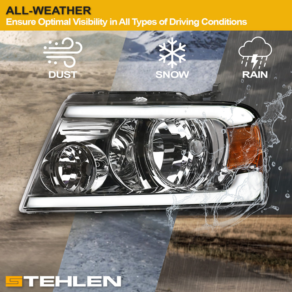 04-08 Ford F-150 Crystal LED Headlights w/ Amber Light Bar - Chrome