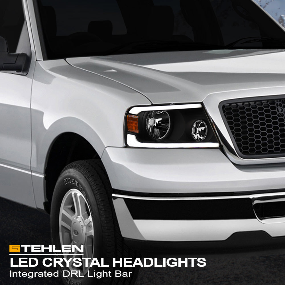 04-08 Ford F-150 LED Crystal Headlights Black w/ Amber Light Bar