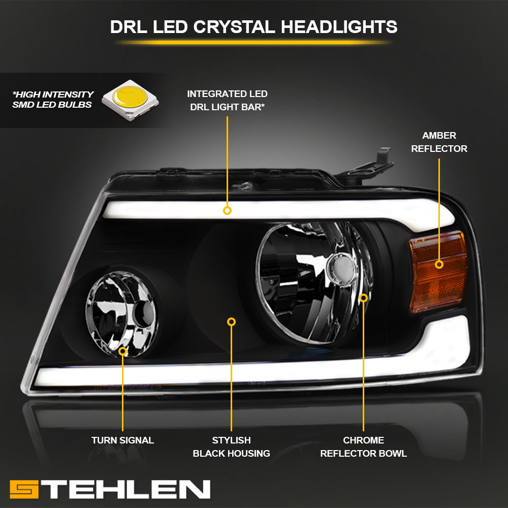 04-08 Ford F-150 LED Crystal Headlights Black w/ Amber Light Bar