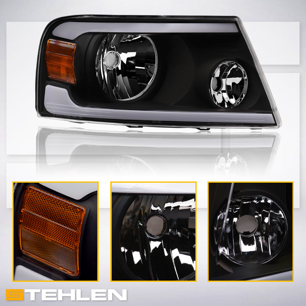 04-08 Ford F-150 LED Crystal Headlights Black w/ Amber Light Bar