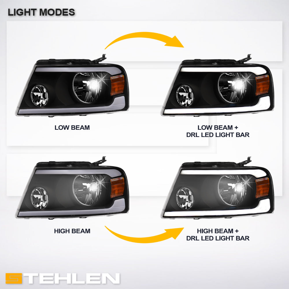 04-08 Ford F-150 LED Crystal Headlights Black w/ Amber Light Bar