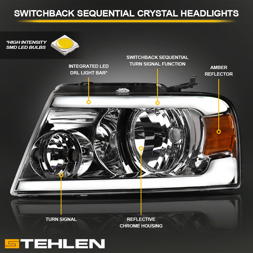 04-08 Ford F-150 Crystal Headlights Sequential LED Signal - Chrome