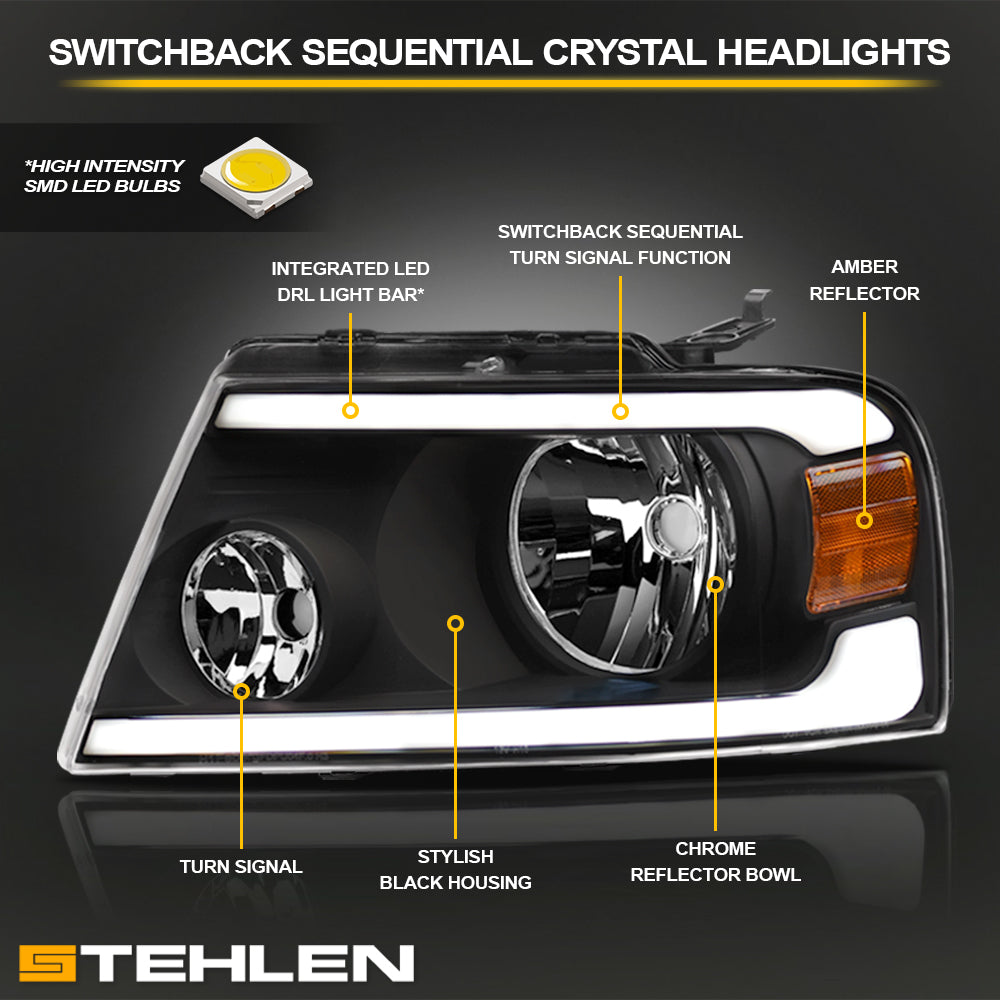 04-08 Ford F-150 LED Crystal Headlights Sequential Signal - Black