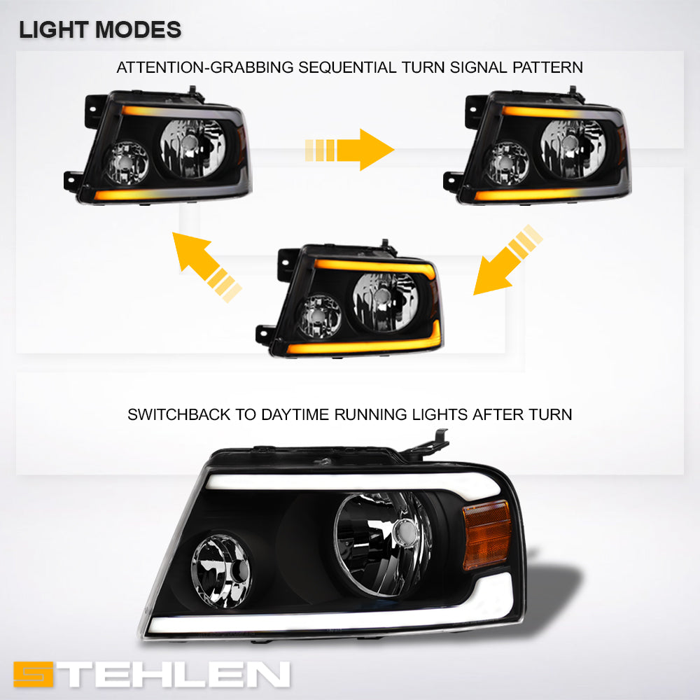 04-08 Ford F-150 LED Crystal Headlights Sequential Signal - Black