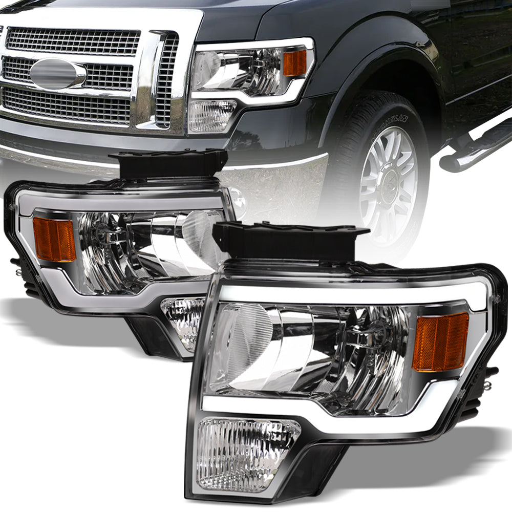 09-14 Ford F-150 LED Crystal Headlights Chrome w/ Amber Light Bar