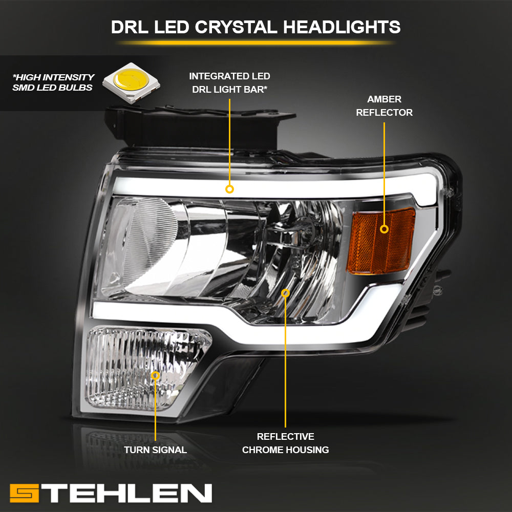 09-14 Ford F-150 LED Crystal Headlights Chrome w/ Amber Light Bar