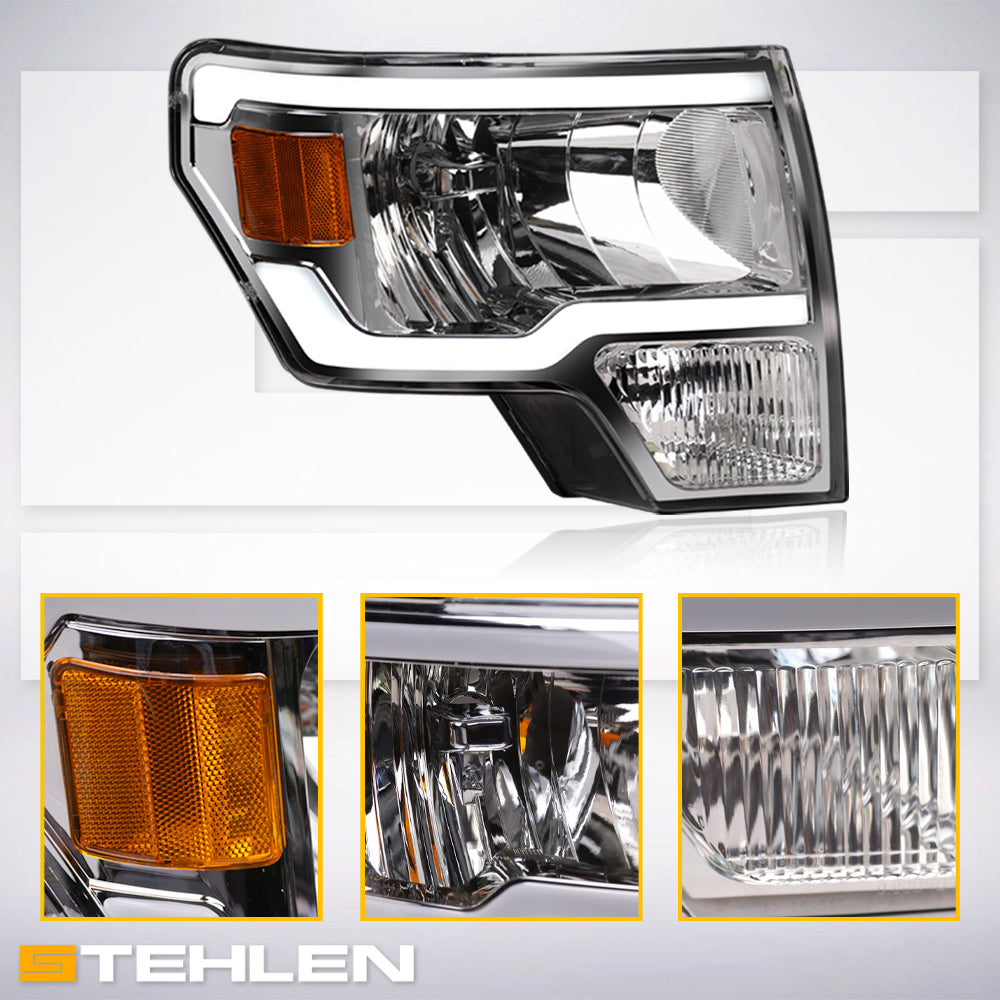 09-14 Ford F-150 LED Crystal Headlights Chrome w/ Amber Light Bar