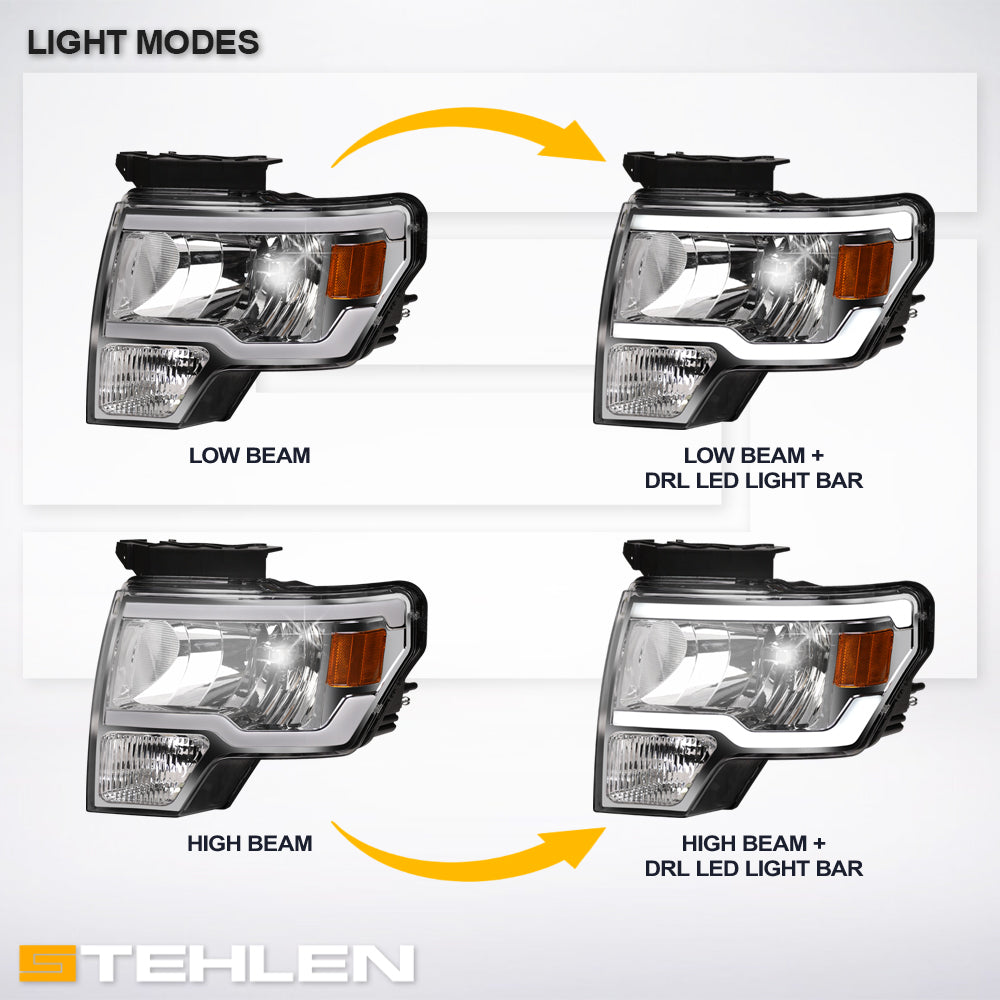 09-14 Ford F-150 LED Crystal Headlights Chrome w/ Amber Light Bar