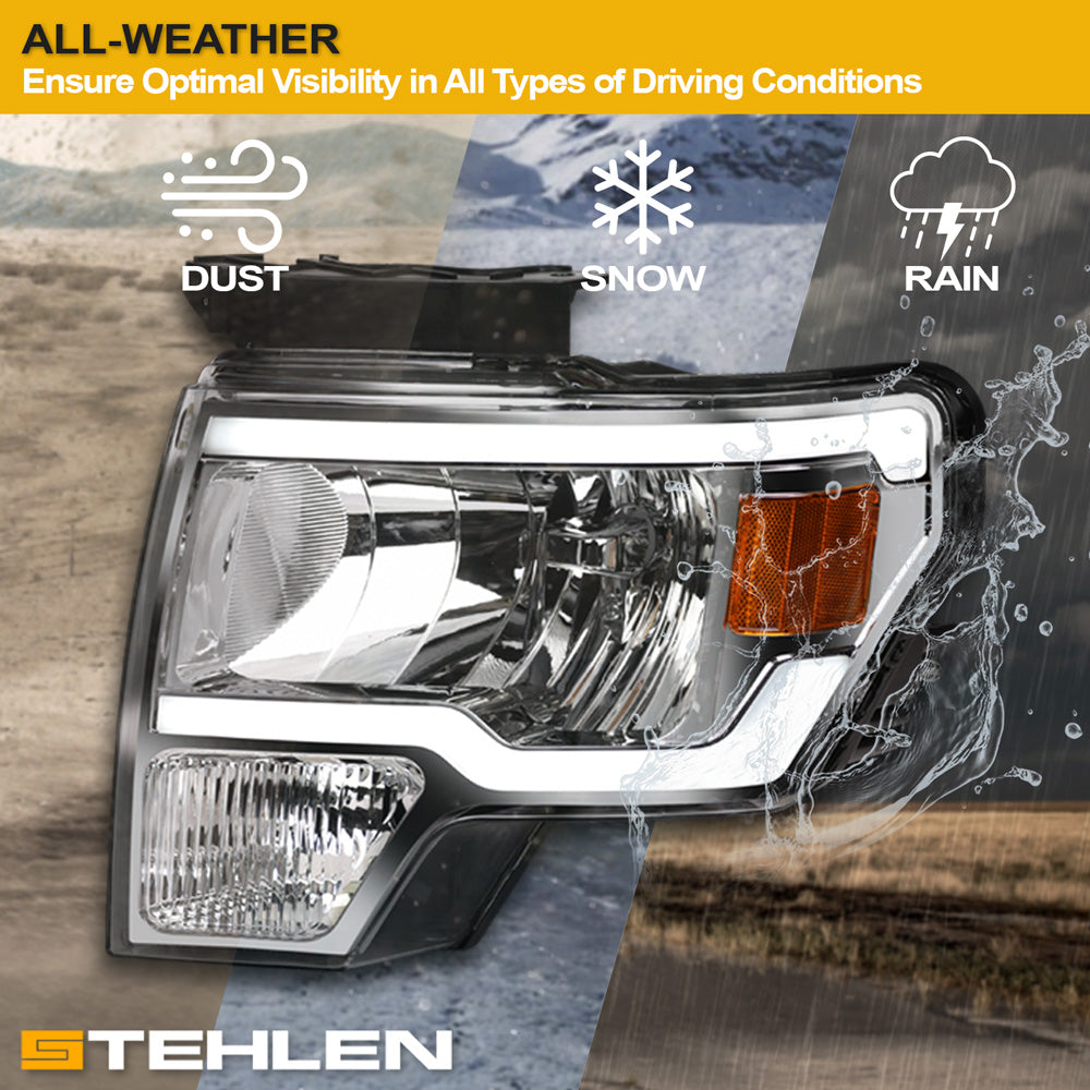 09-14 Ford F-150 LED Crystal Headlights Chrome w/ Amber Light Bar