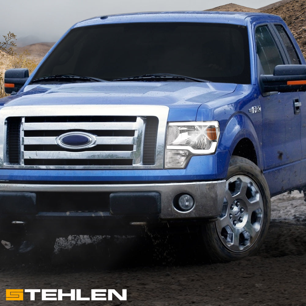 09-14 Ford F-150 LED Crystal Headlights Chrome w/ Amber Light Bar