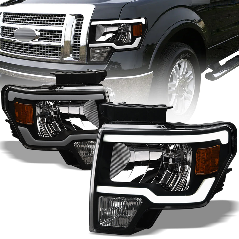 09-14 Ford F-150 LED Crystal Headlights Black w/ Amber Light Bar