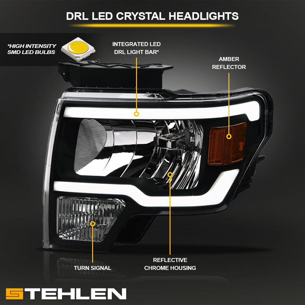 09-14 Ford F-150 LED Crystal Headlights Black w/ Amber Light Bar