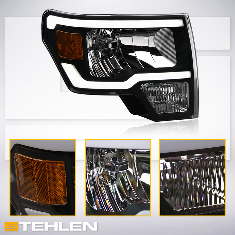 09-14 Ford F-150 LED Crystal Headlights Black w/ Amber Light Bar