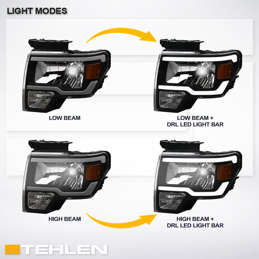 09-14 Ford F-150 LED Crystal Headlights Black w/ Amber Light Bar