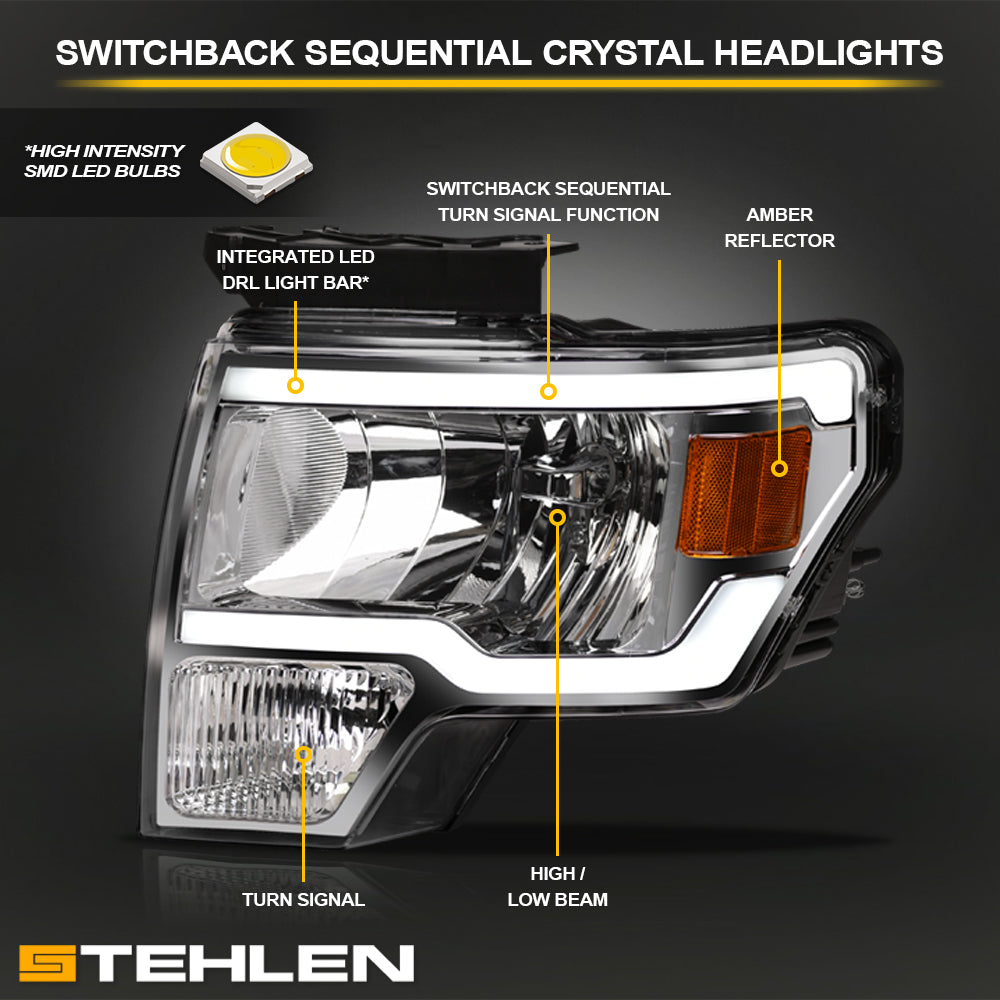 09-14 Ford F-150 Crystal LED Headlights Sequential Signal - Chrome
