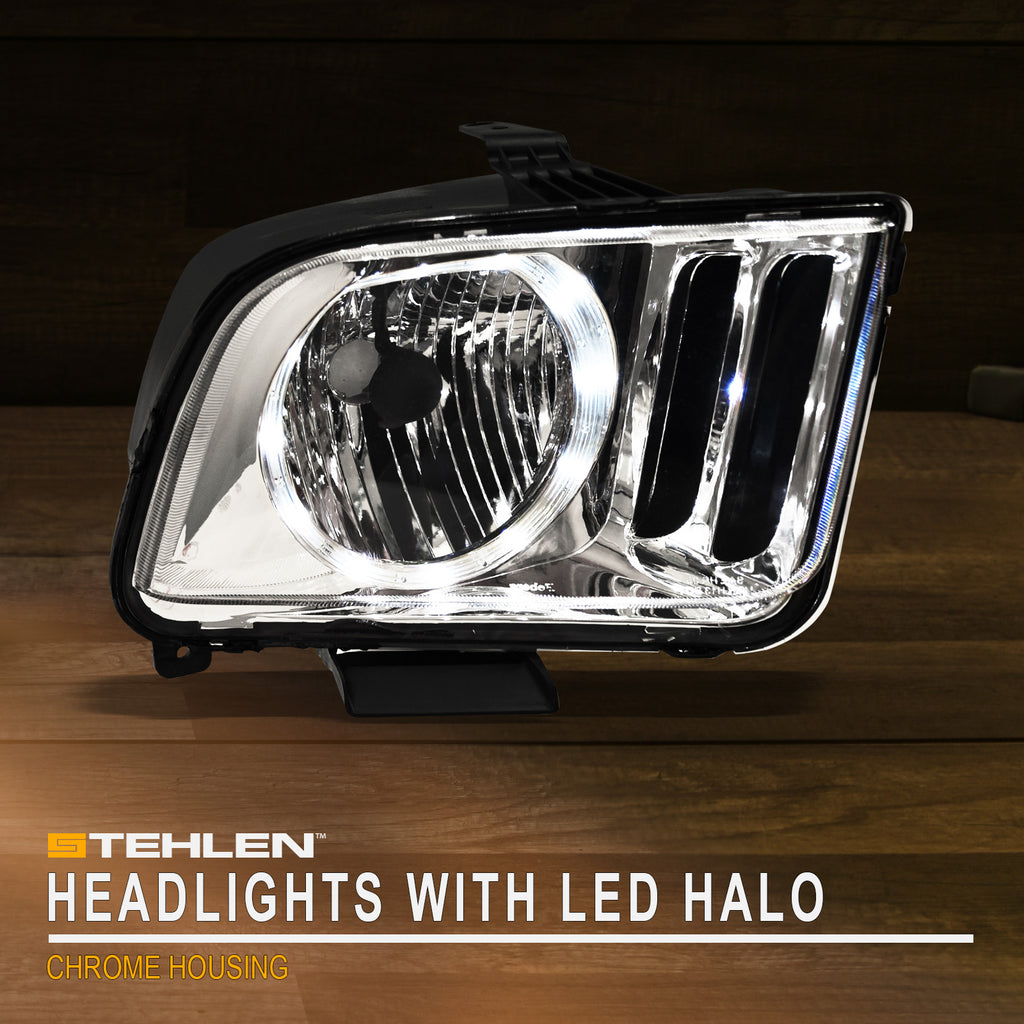 2005-2009 Ford Mustang Crystal Headlights w/ LED Halo - Chrome