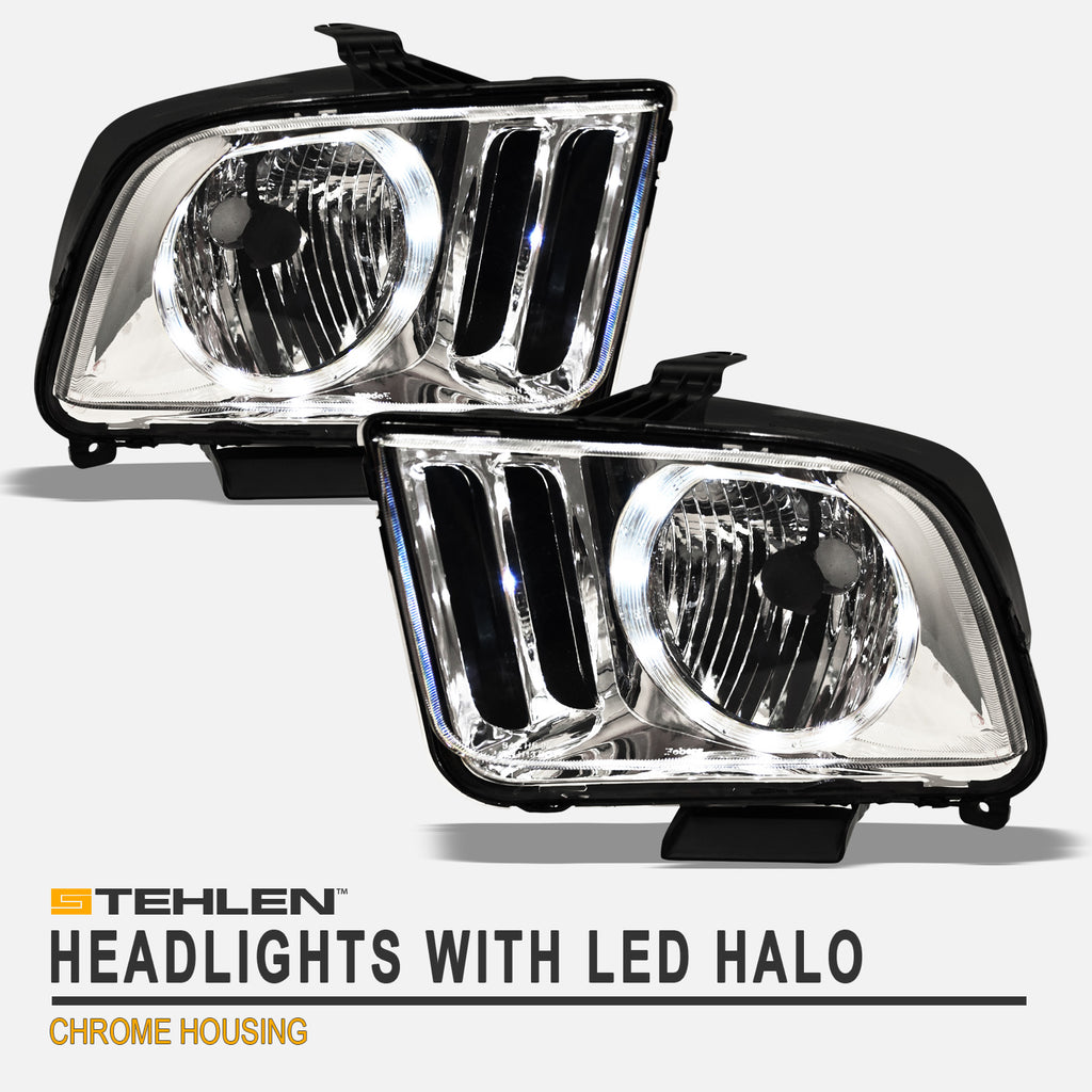 2005-2009 Ford Mustang Crystal Headlights w/ LED Halo - Chrome