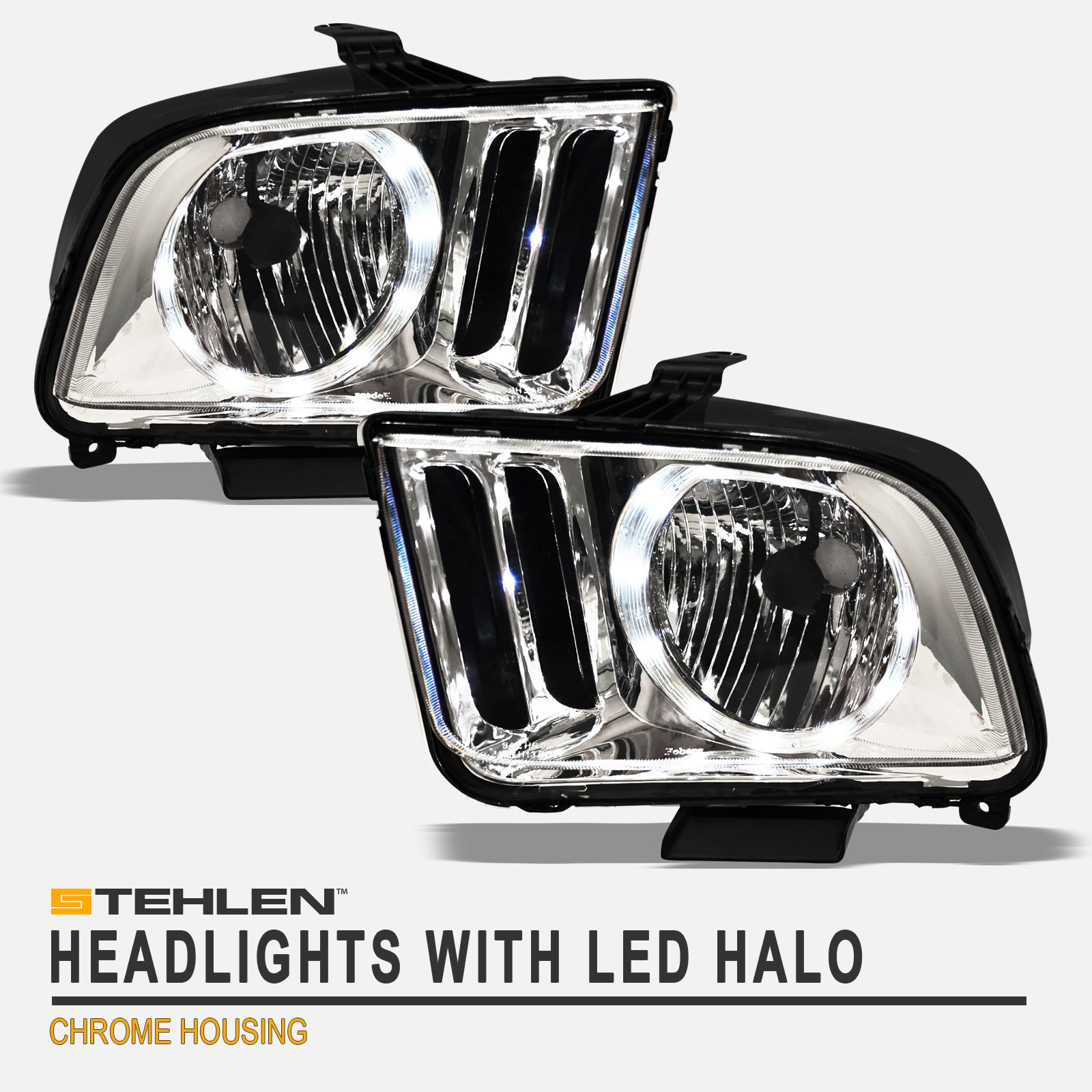 2005-2009 Ford Mustang Crystal Headlights w/ LED Halo - Chrome