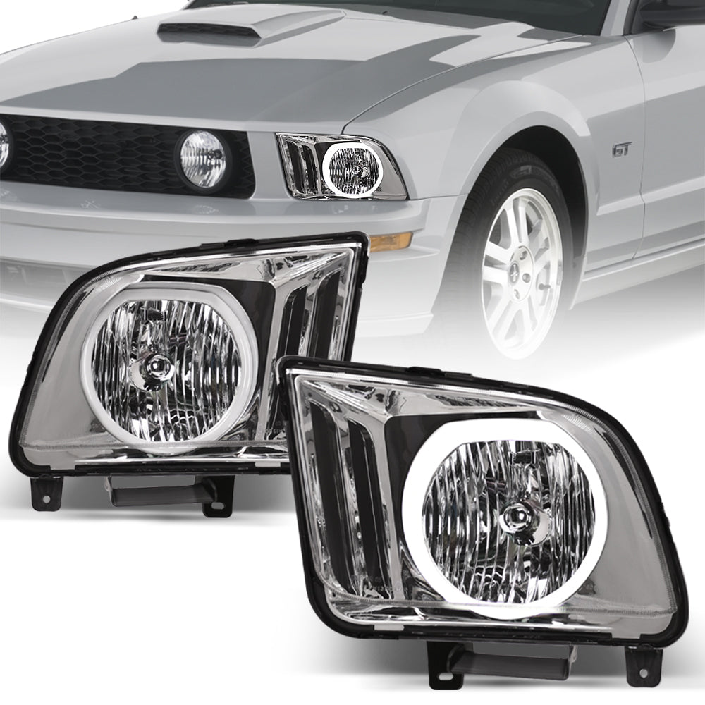 05-09 Ford Mustang LED Halo Crystal Headlights Black - FDMT05A1