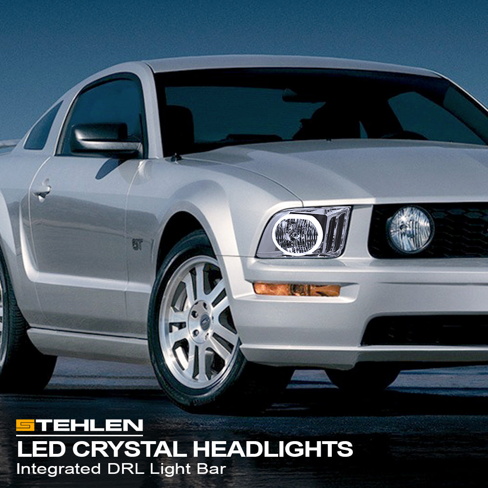 05-09 Ford Mustang LED Halo Crystal Headlights Black - FDMT05A1