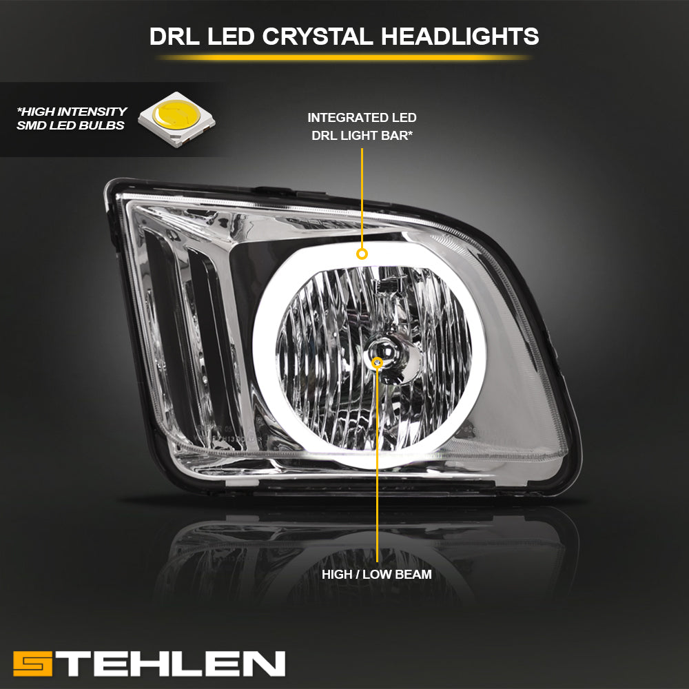 05-09 Ford Mustang LED Halo Crystal Headlights Black - FDMT05A1