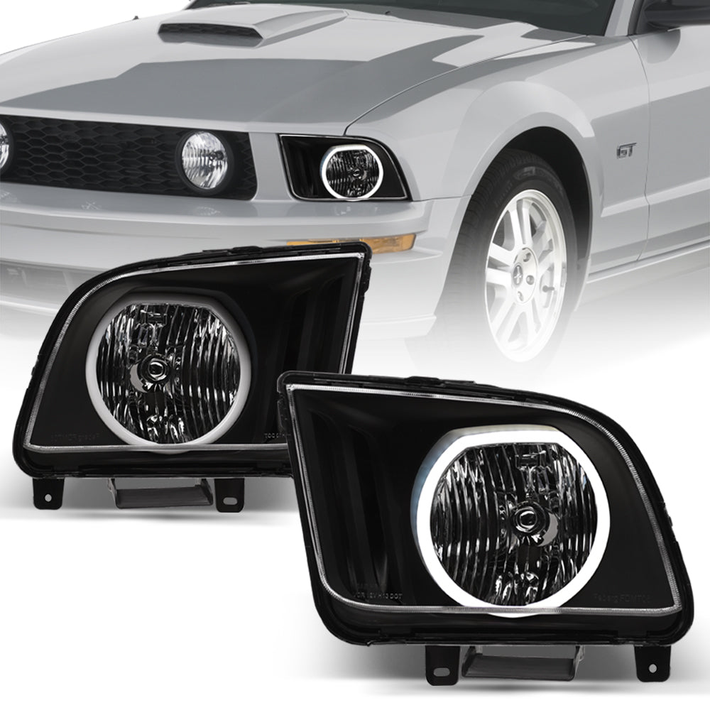05-09 Ford Mustang Chrome LED Halo Crystal Headlights - FDMT05A1.03