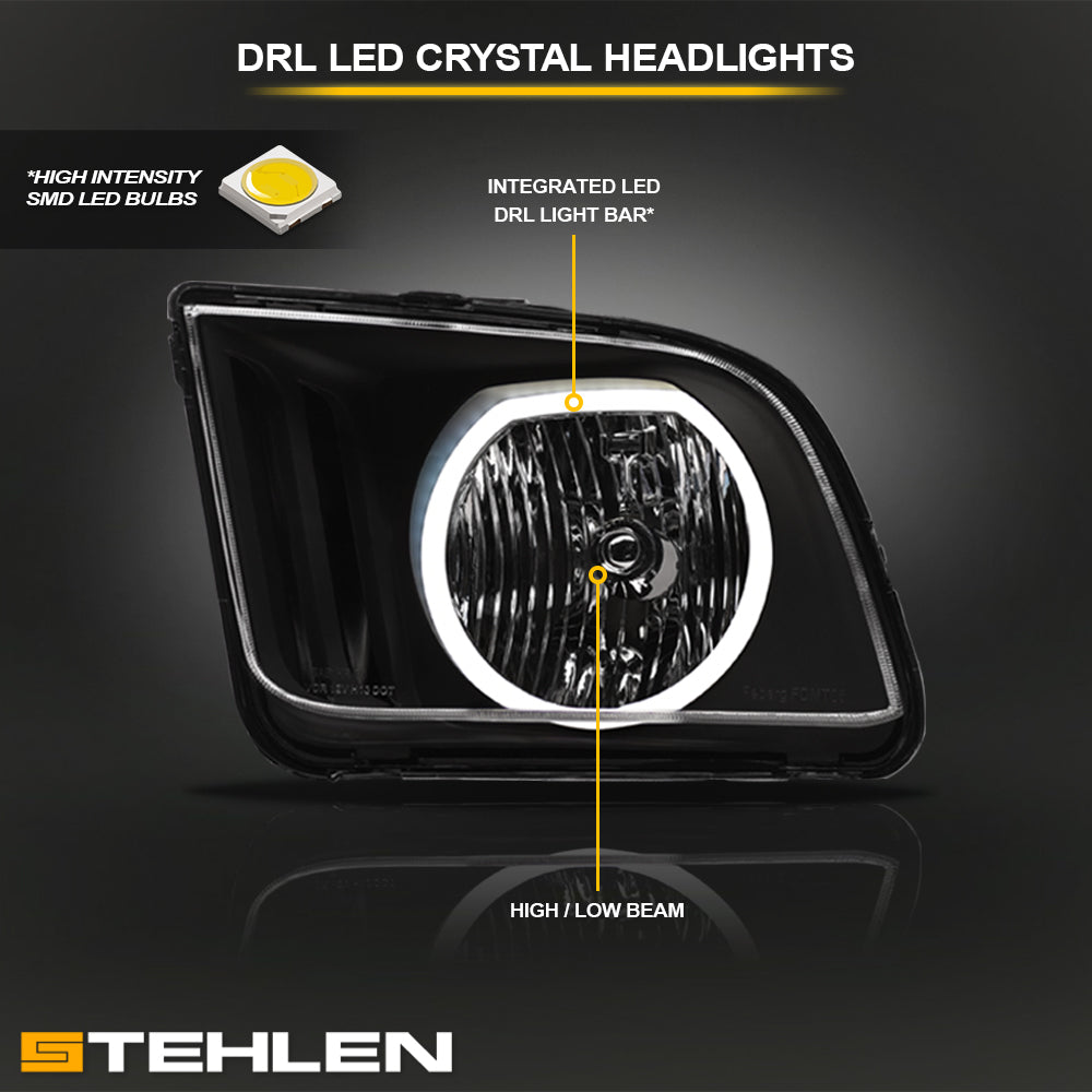 05-09 Ford Mustang Chrome LED Halo Crystal Headlights - FDMT05A1.03