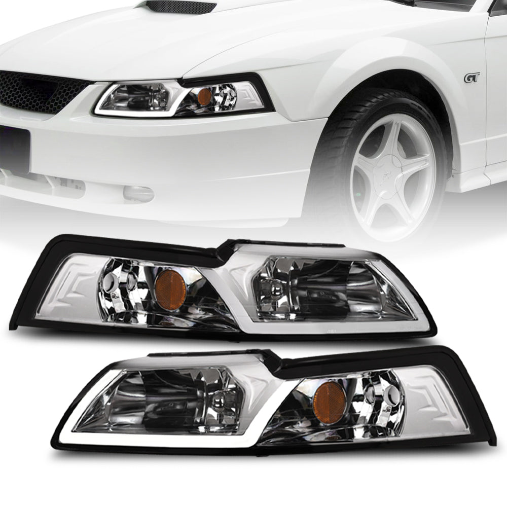 99-04 Ford Mustang Chrome Crystal Headlights w/ LED Light Bar